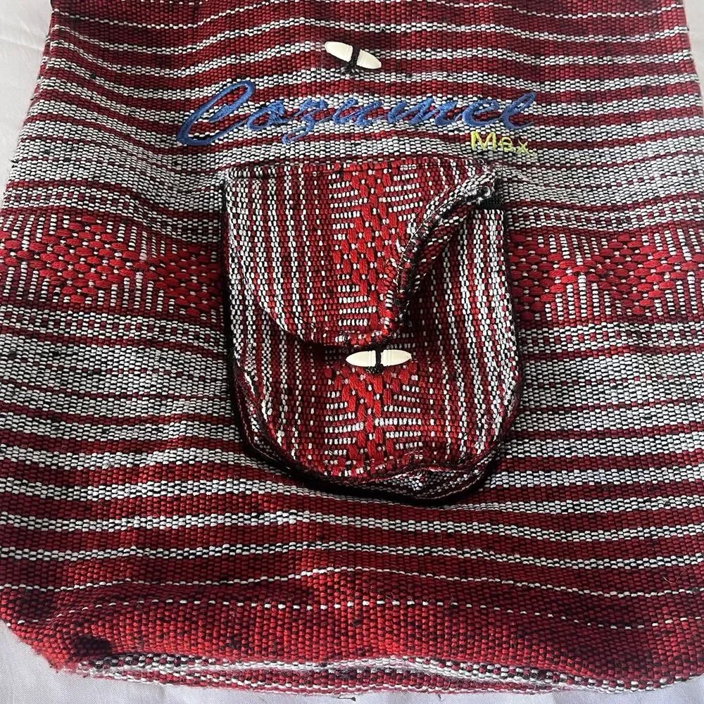 Backpack Cozumel LA CASA DEL SARAPE Red Gray Baja Mexican Knit Drawstring